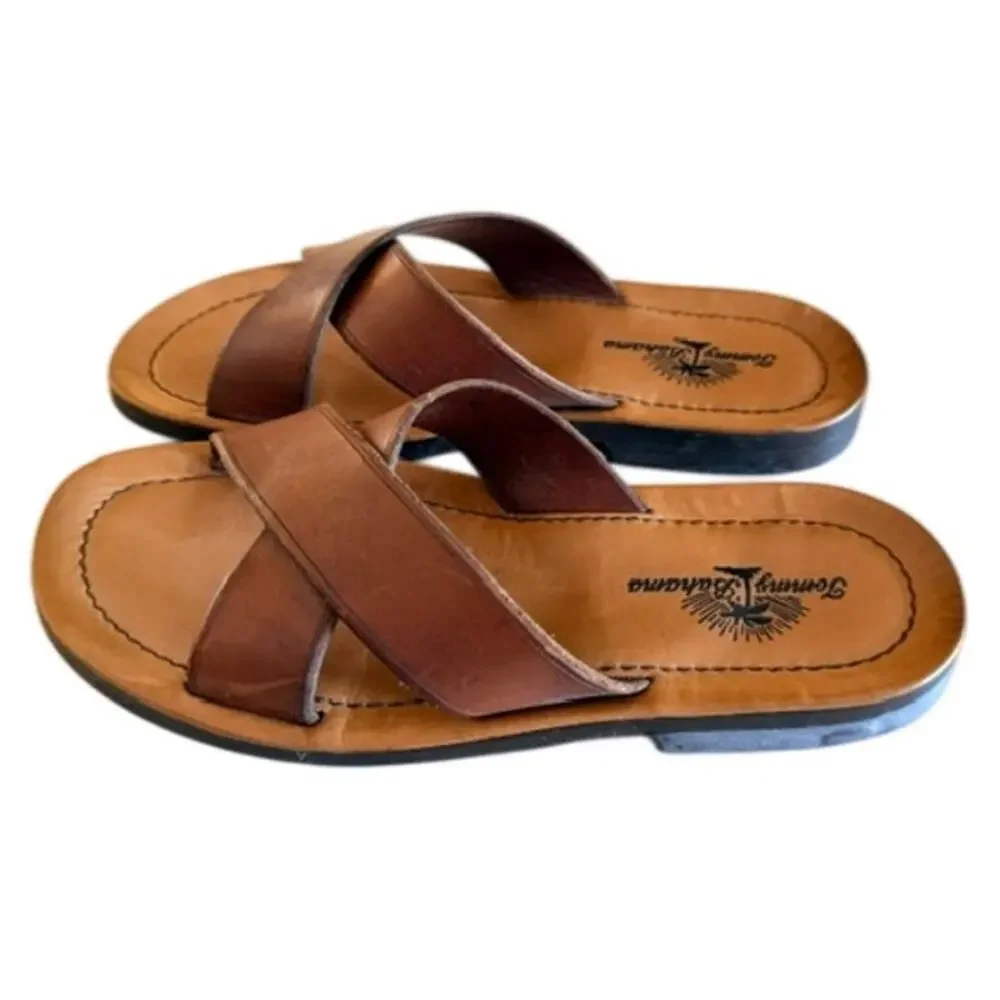 Tommy Bahama Brown Leather Cross Strap Slide Sandals Men's Size 9